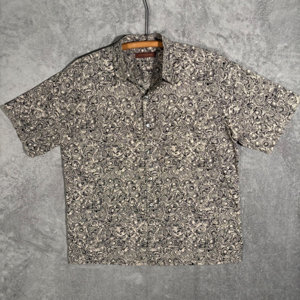 Tori Richard Mens XL Black Cream Cotton Lawn Abstract Sunburst Aloha Shirt USA